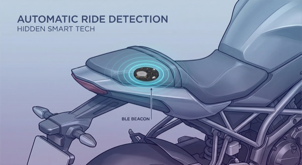 DIY BLE beacon hidden under motorcycle seat with Bluetooth signal waves for automatic ride detection