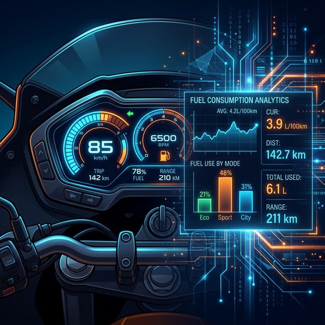 Futuristic digital data chart showing fuel consumption calculations on a motorcycle dashboard