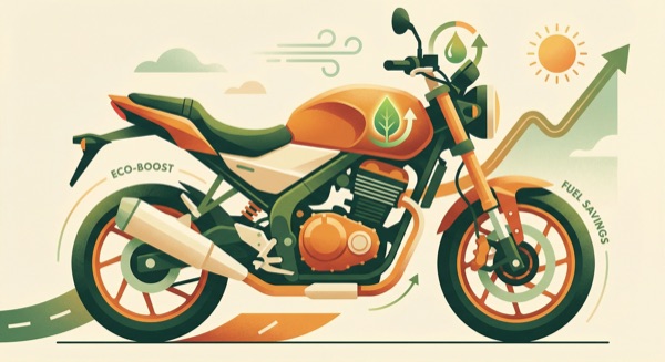 Motorcycle with fuel efficiency icons and eco-friendly graphics